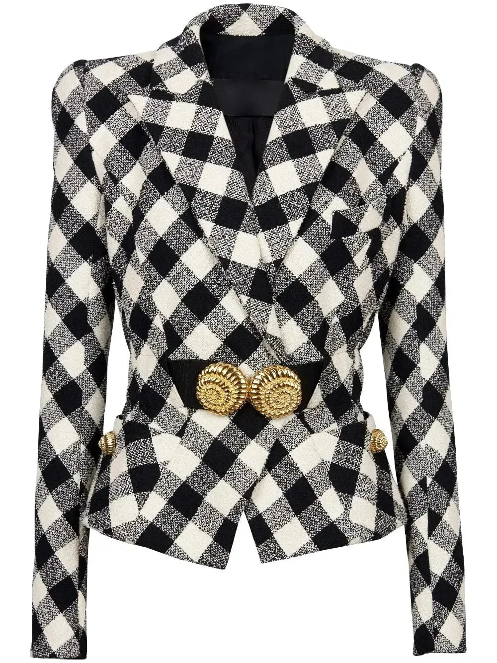 Black and White Gingham Tweed Jacket with Spiral Button Belt