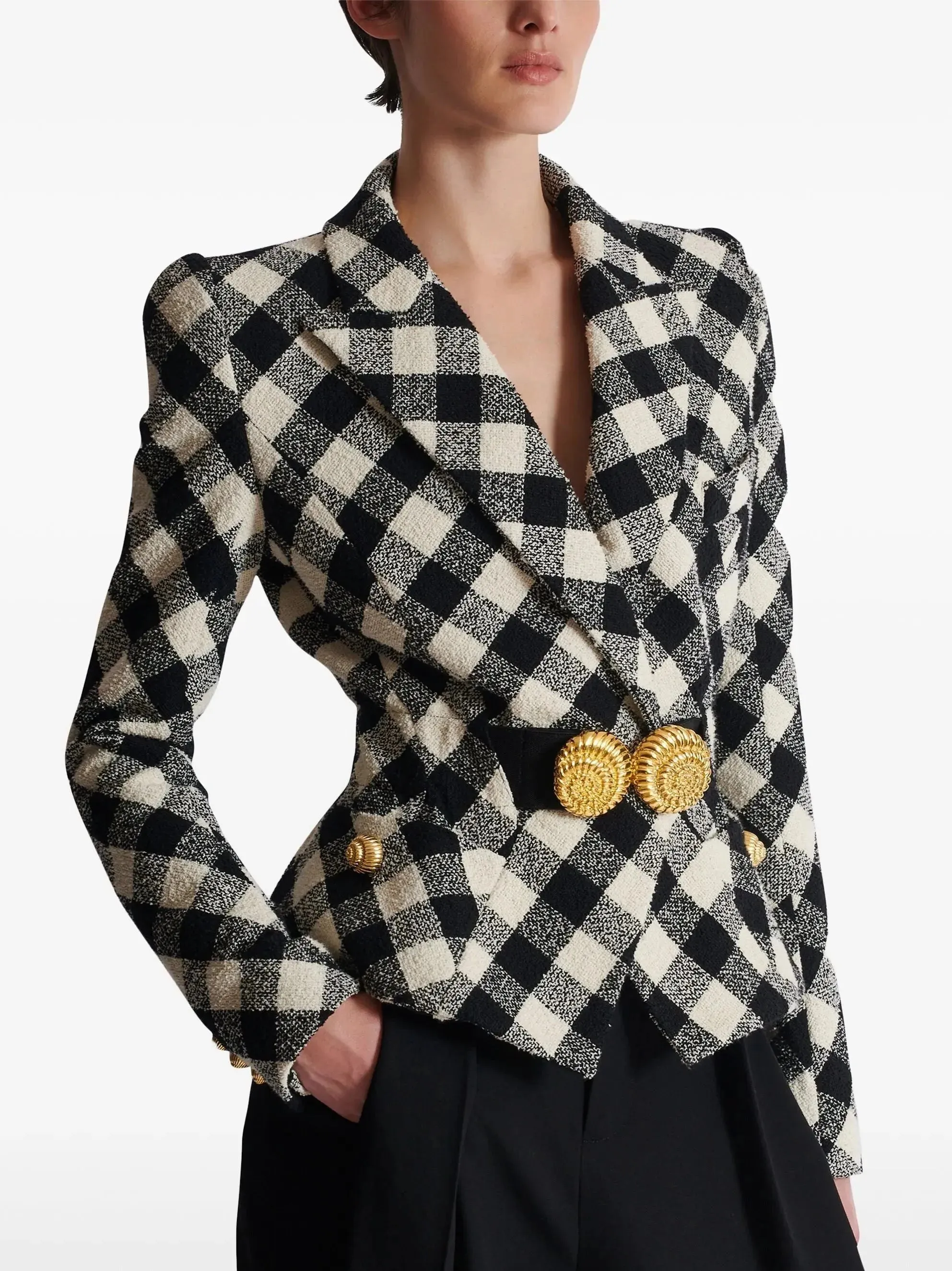 Black and White Gingham Tweed Jacket with Spiral Button Belt