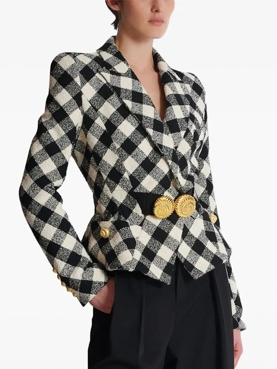 Black and White Gingham Tweed Jacket with Spiral Button Belt