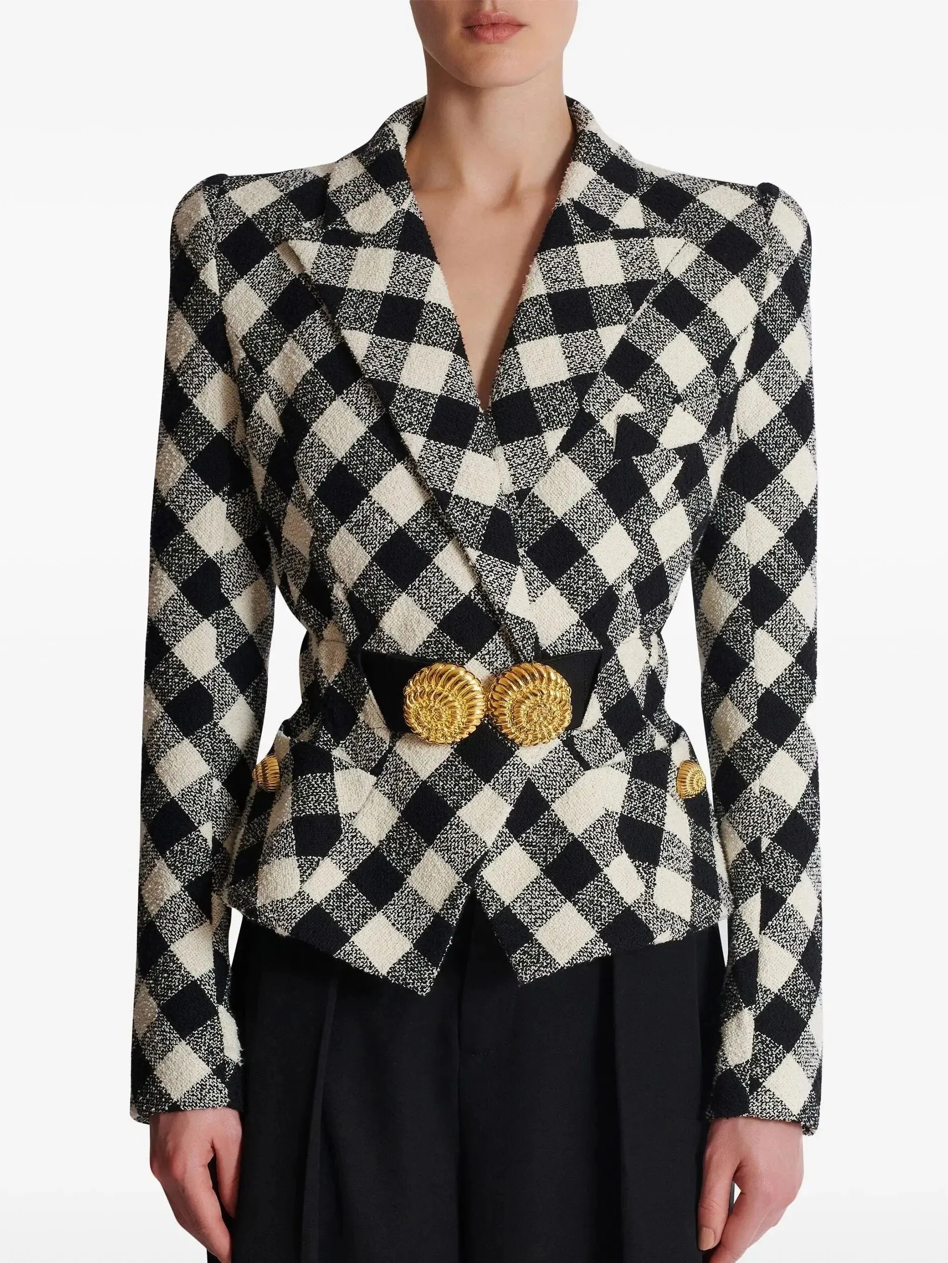 Black and White Gingham Tweed Jacket with Spiral Button Belt