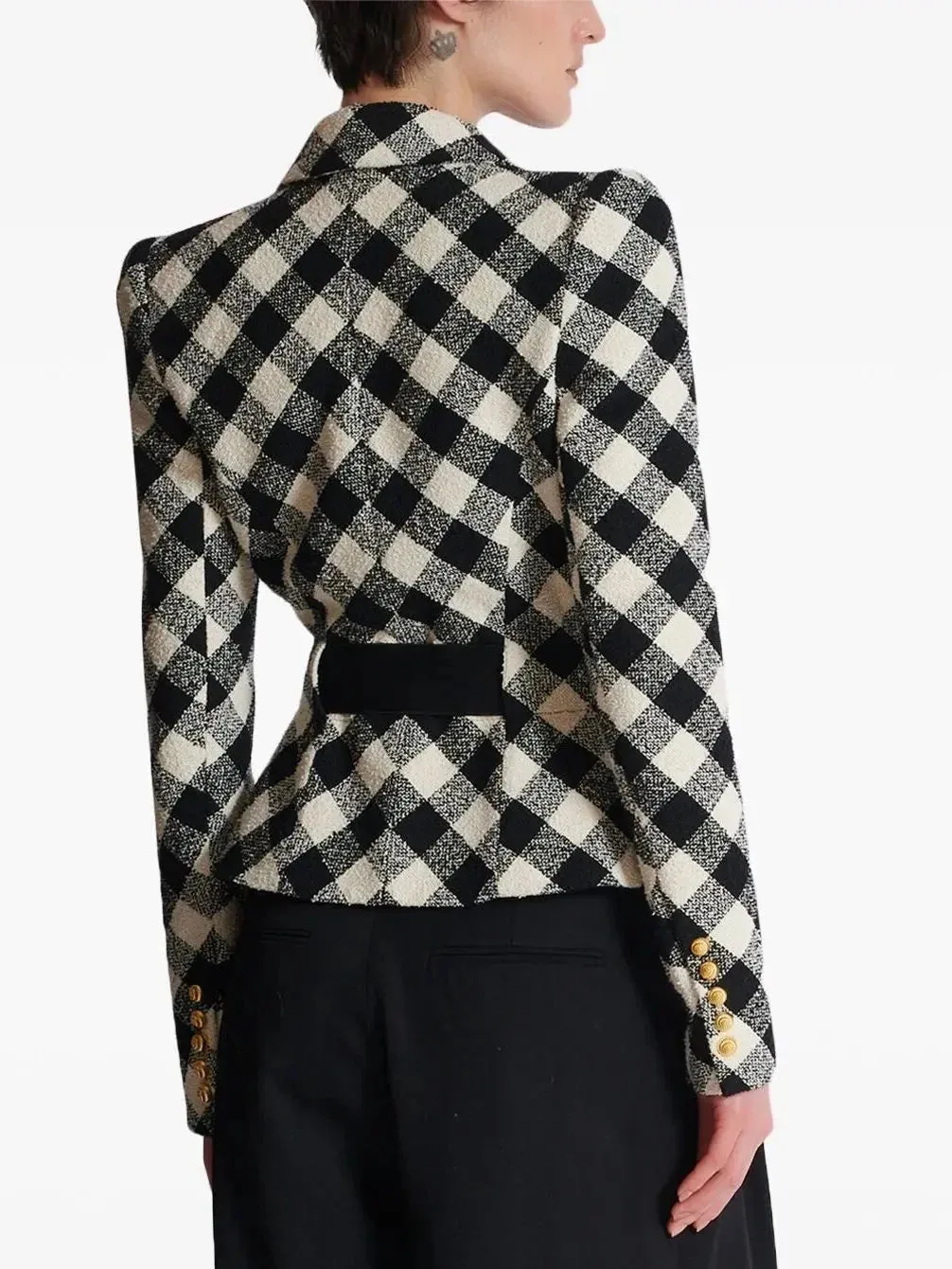 Black and White Gingham Tweed Jacket with Spiral Button Belt