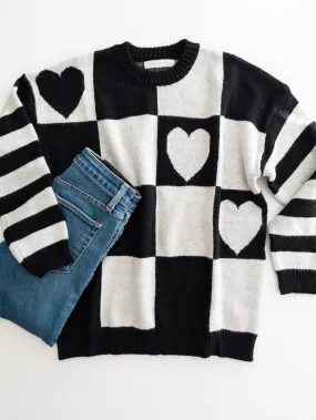 Black and White Heart Print Sweater Top