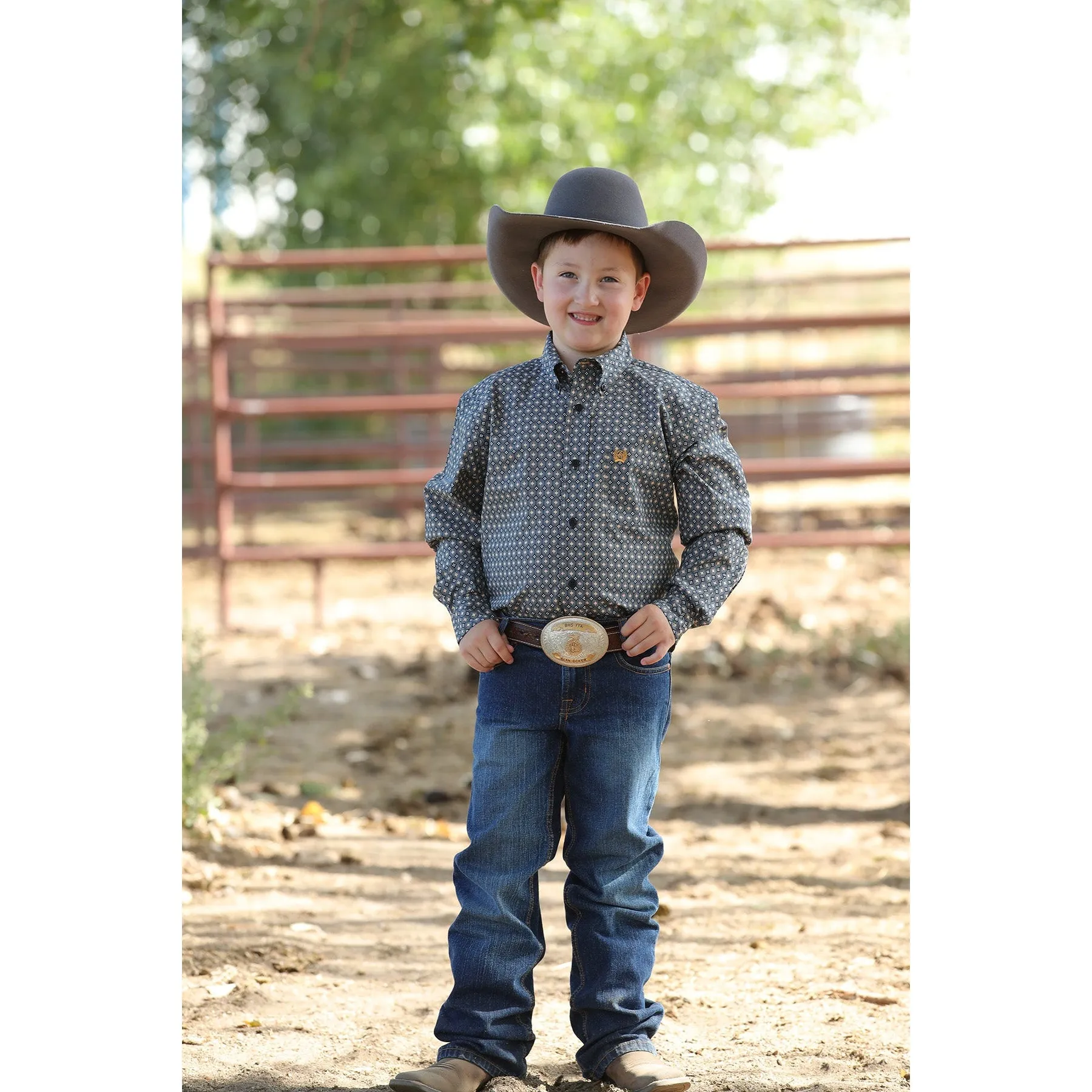 Cinch Boy's Match Dad Navy and Gold Medallion Button Down Western Shirt