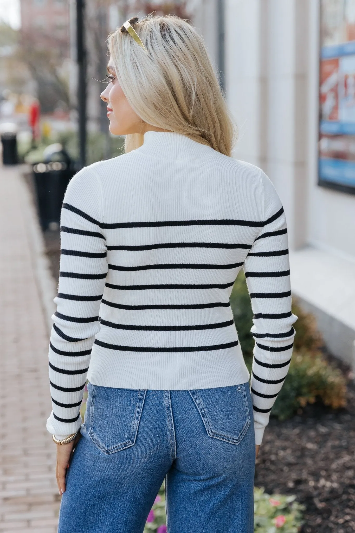 Cream and Black Striped Mock Neck Top