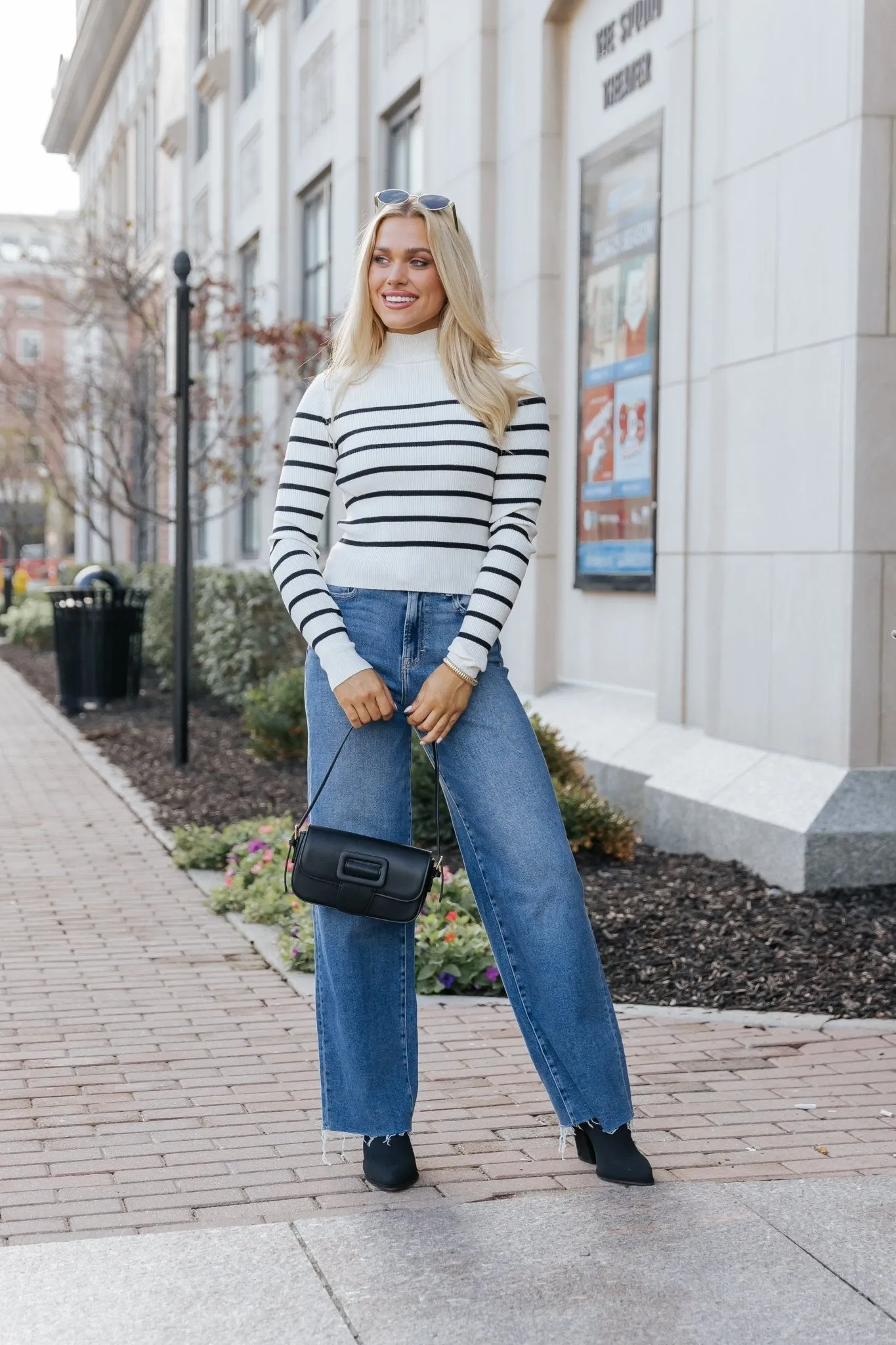 Cream and Black Striped Mock Neck Top