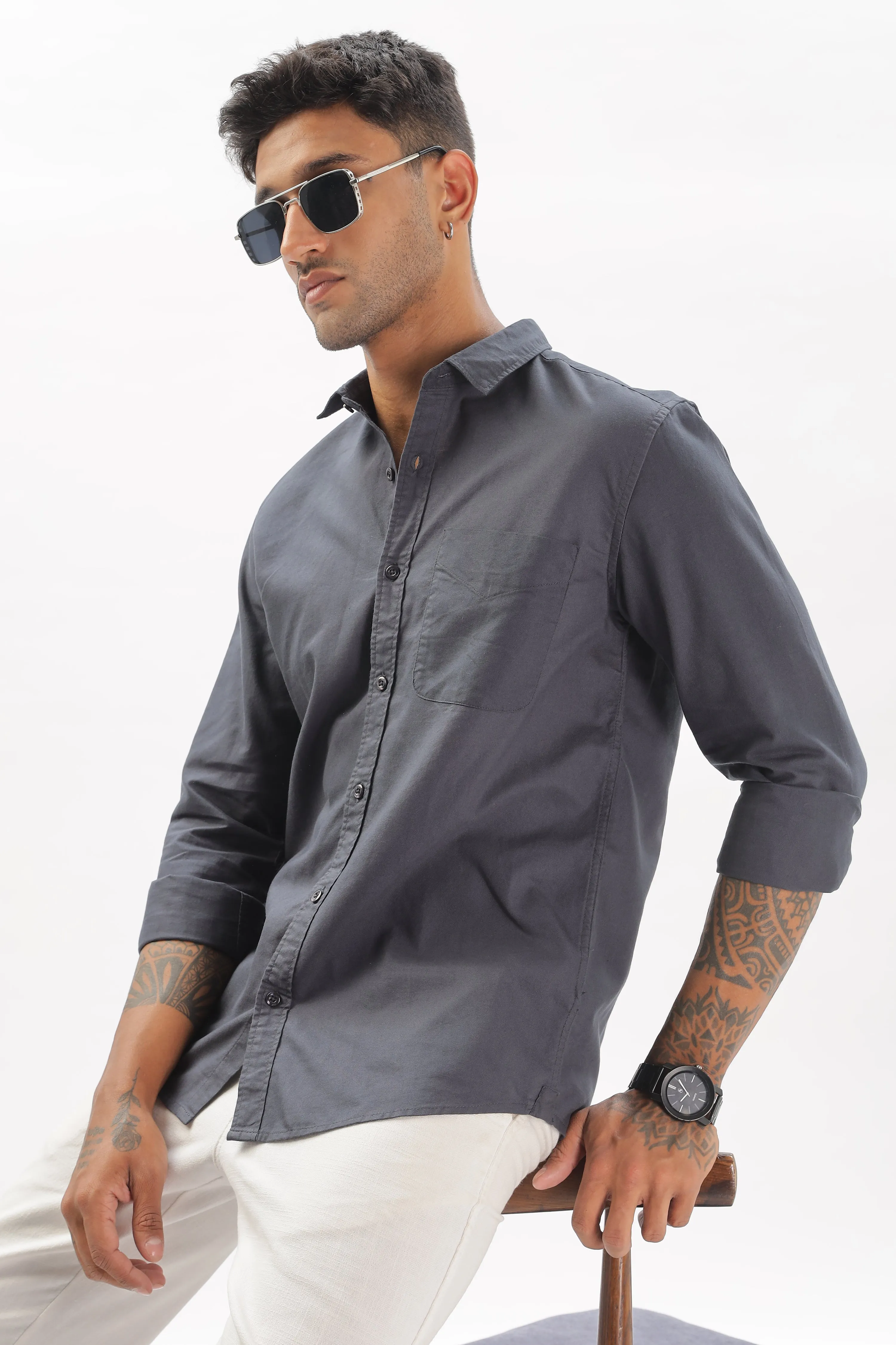 Dark Gray Regular Fit Plain Full Sleeve Shirt