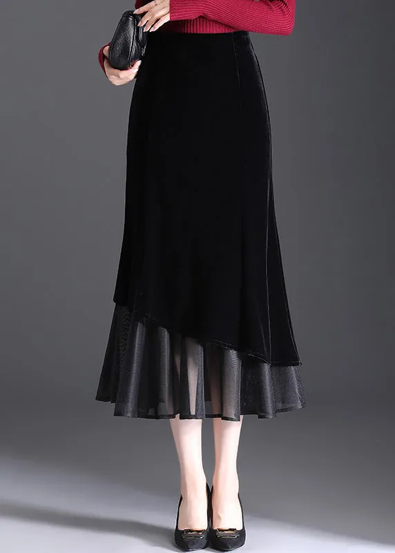 Elegant Black Zippered Elastic Waist Velvet Fishtail Skirts Spring RV003