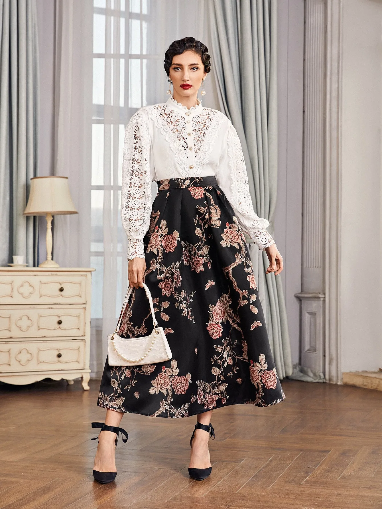 Elegant Floral Zipper High Waist Maxi Women Skirt