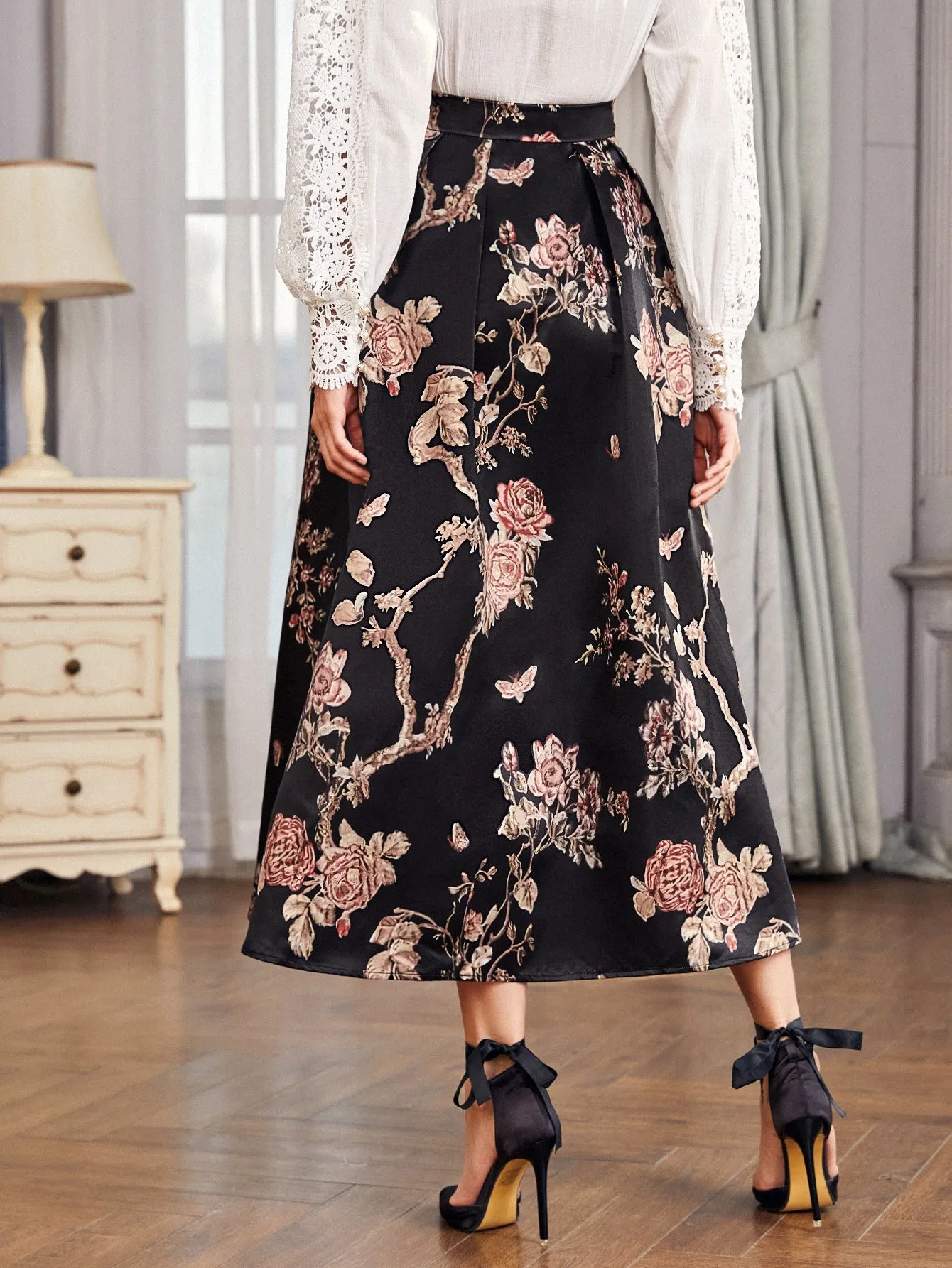 Elegant Floral Zipper High Waist Maxi Women Skirt