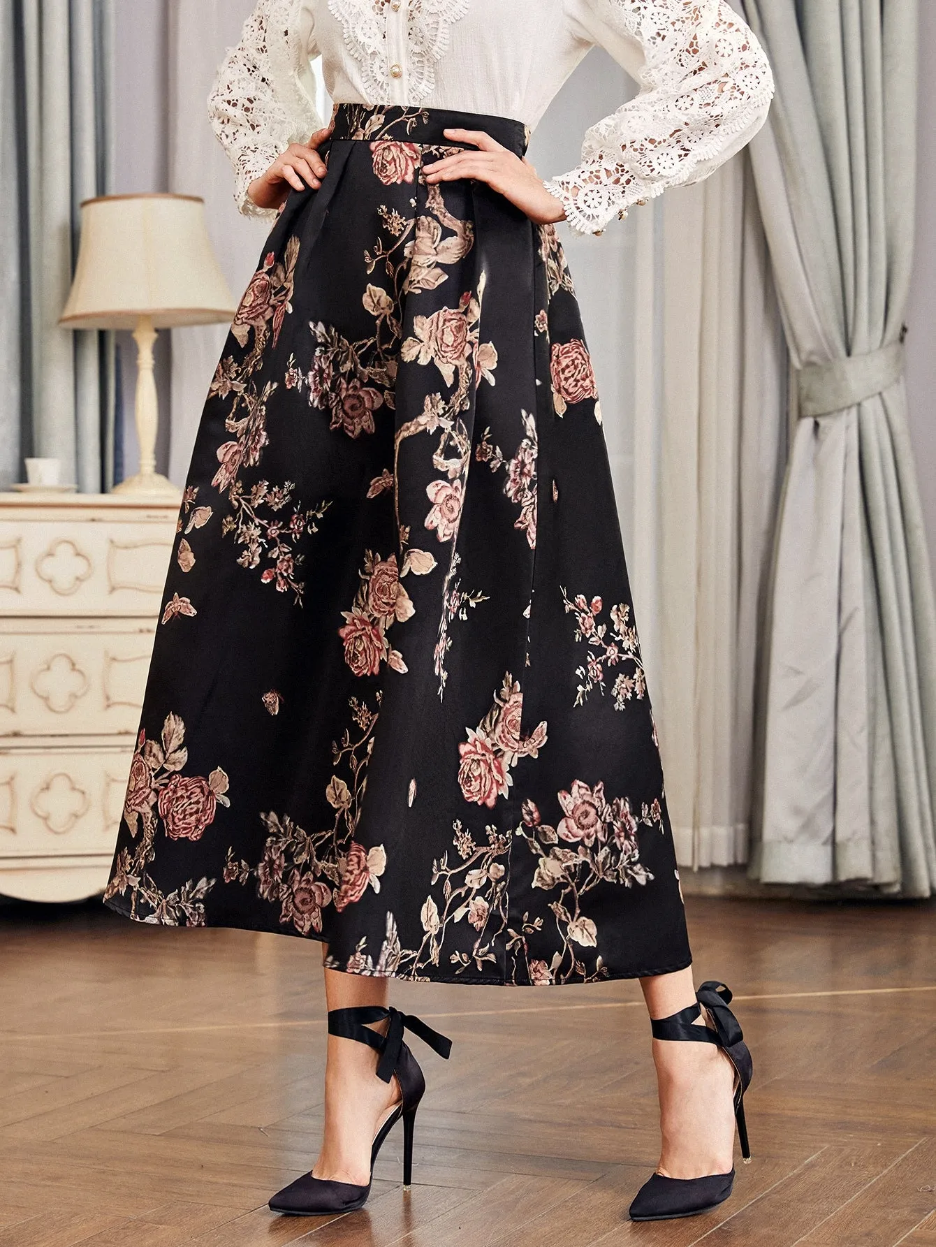 Elegant Floral Zipper High Waist Maxi Women Skirt