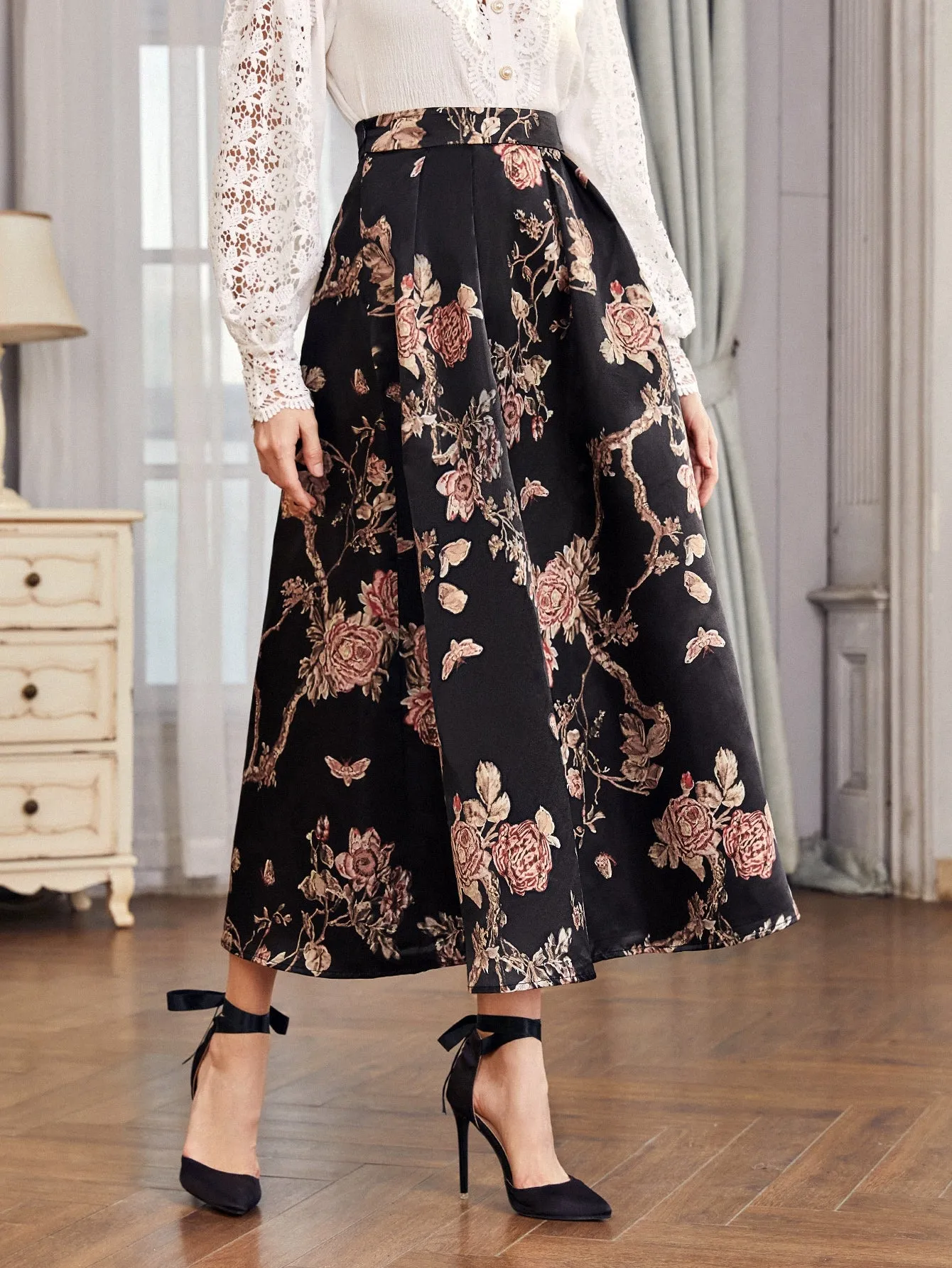 Elegant Floral Zipper High Waist Maxi Women Skirt