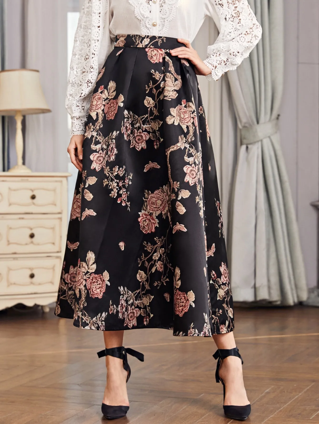 Elegant Floral Zipper High Waist Maxi Women Skirt