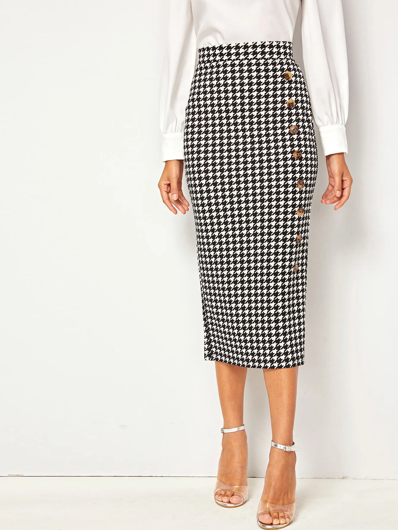 Elegant Houndstooth Zipper High Waist Midi Women Skirt