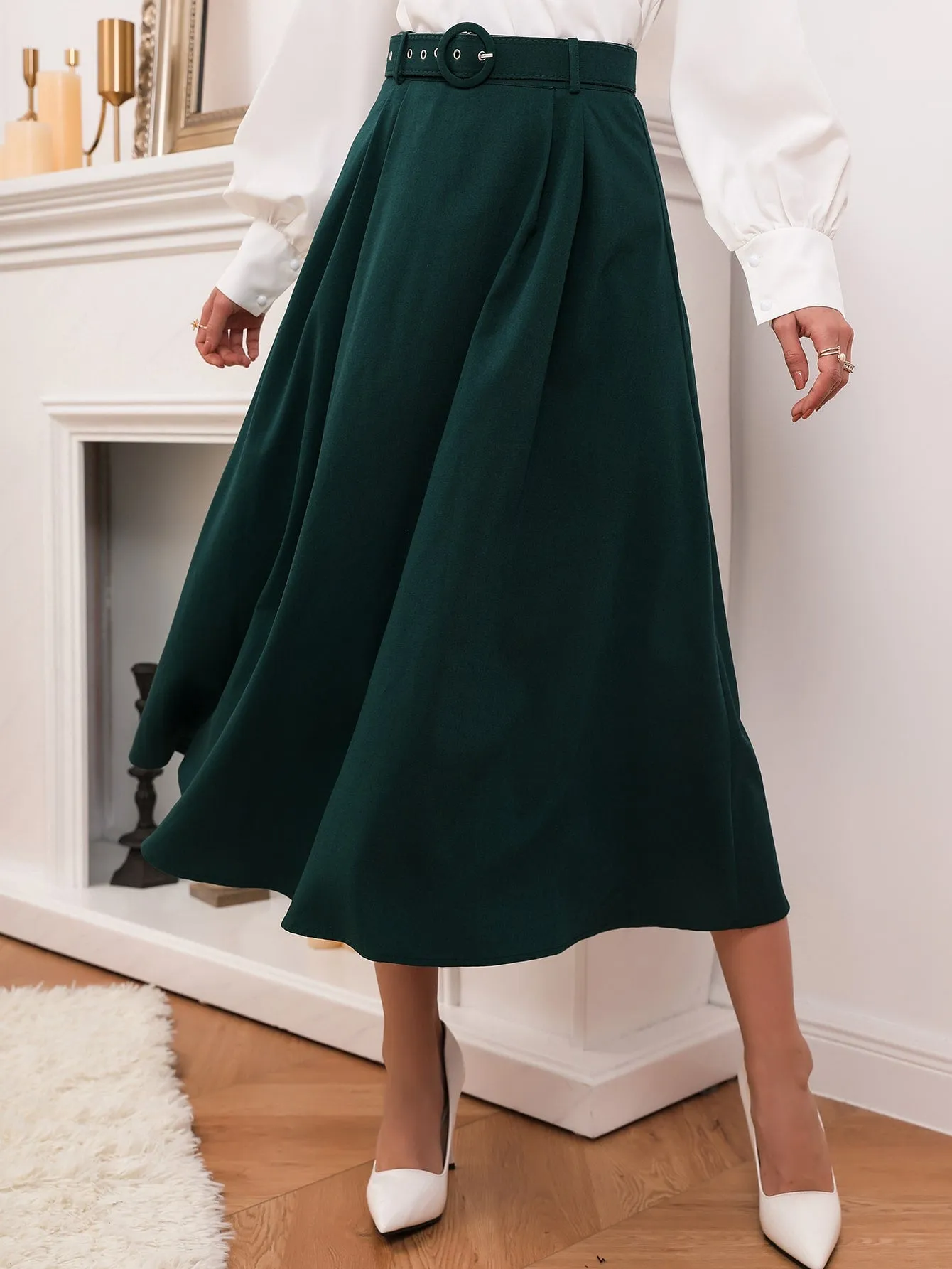 Elegant Plain Belted High Waist Midi Women Skirt