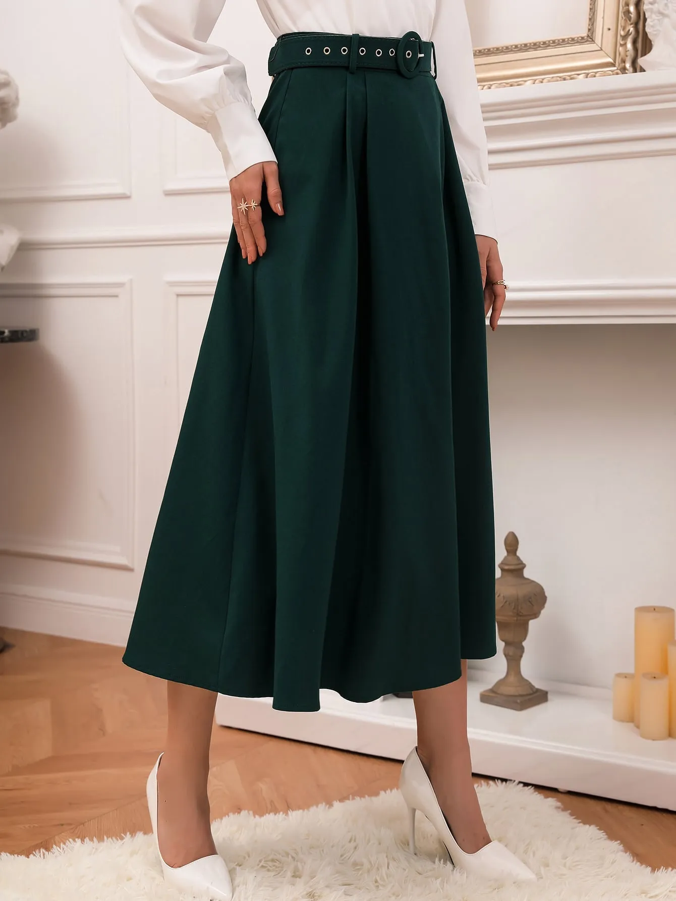 Elegant Plain Belted High Waist Midi Women Skirt