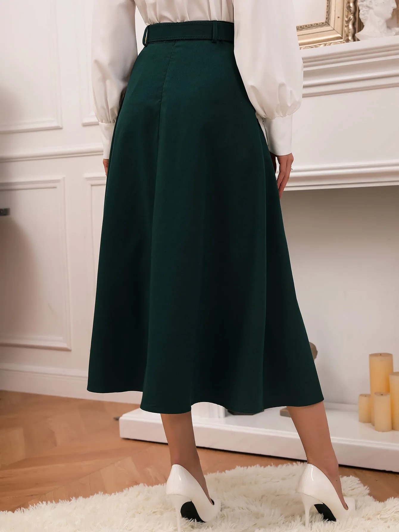 Elegant Plain Belted High Waist Midi Women Skirt