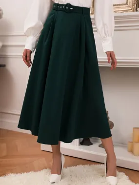 Elegant Plain Belted High Waist Midi Women Skirt