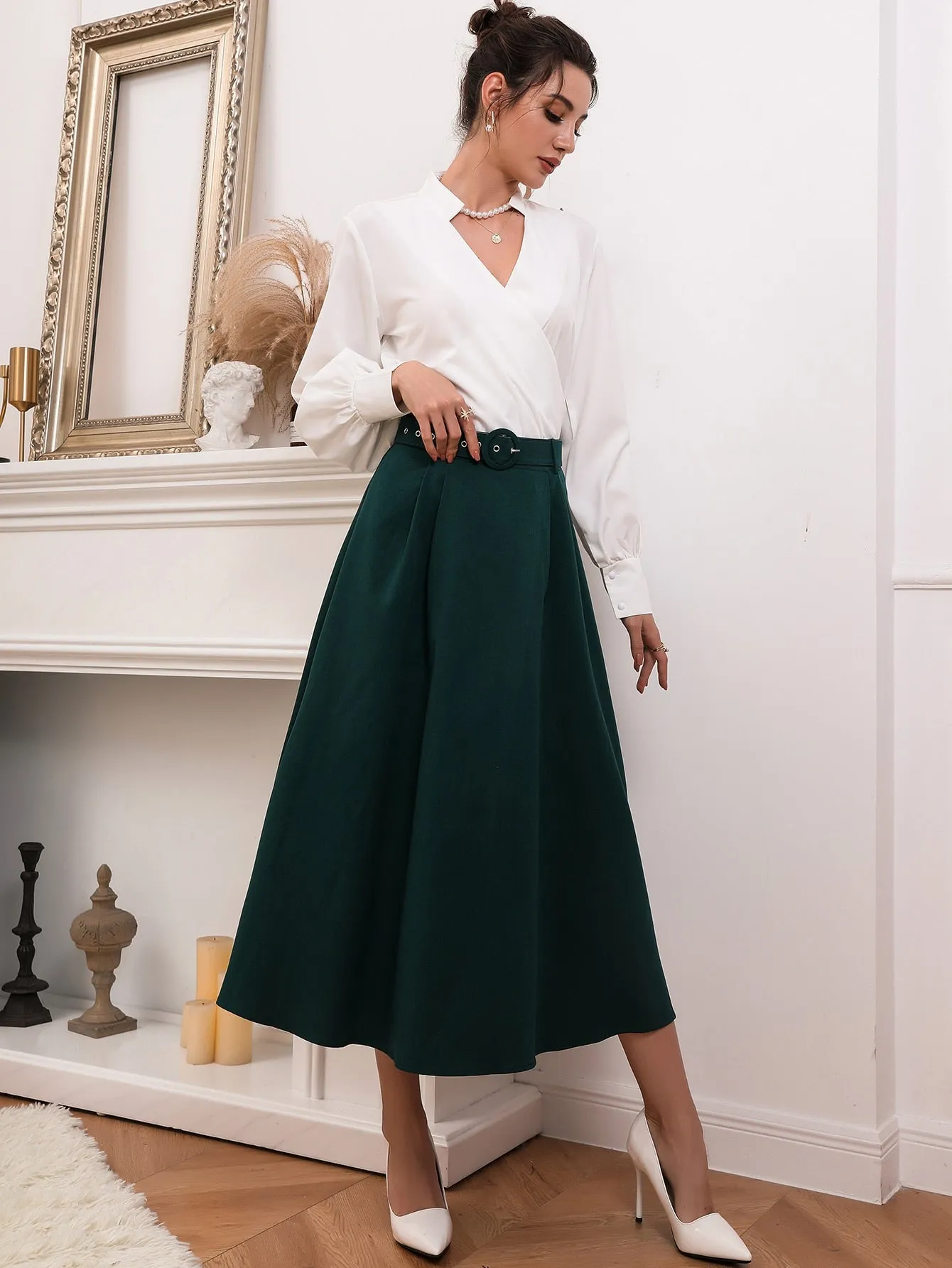 Elegant Plain Belted High Waist Midi Women Skirt