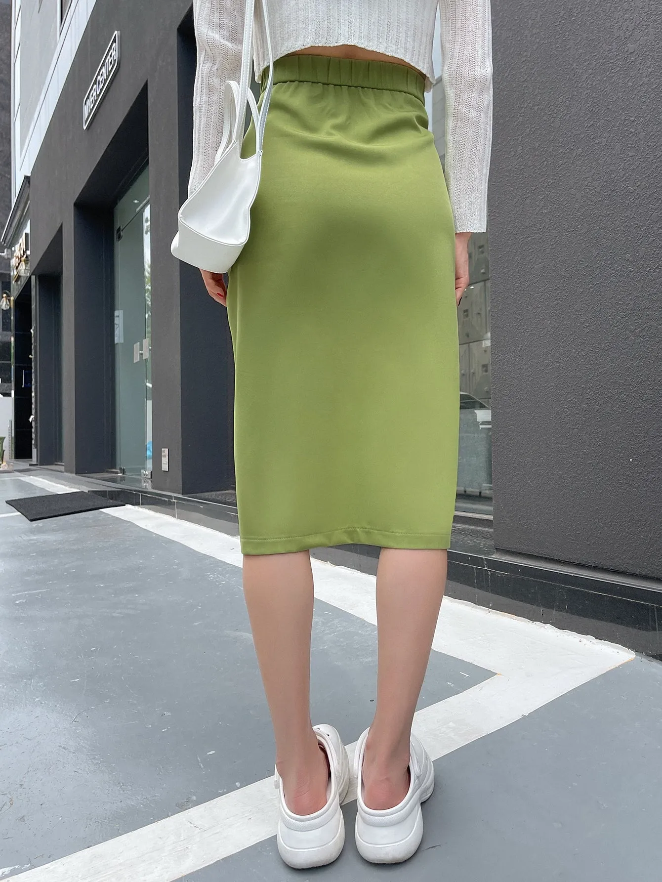 Elegant Plain Button Front High Waist Midi Women Skirt