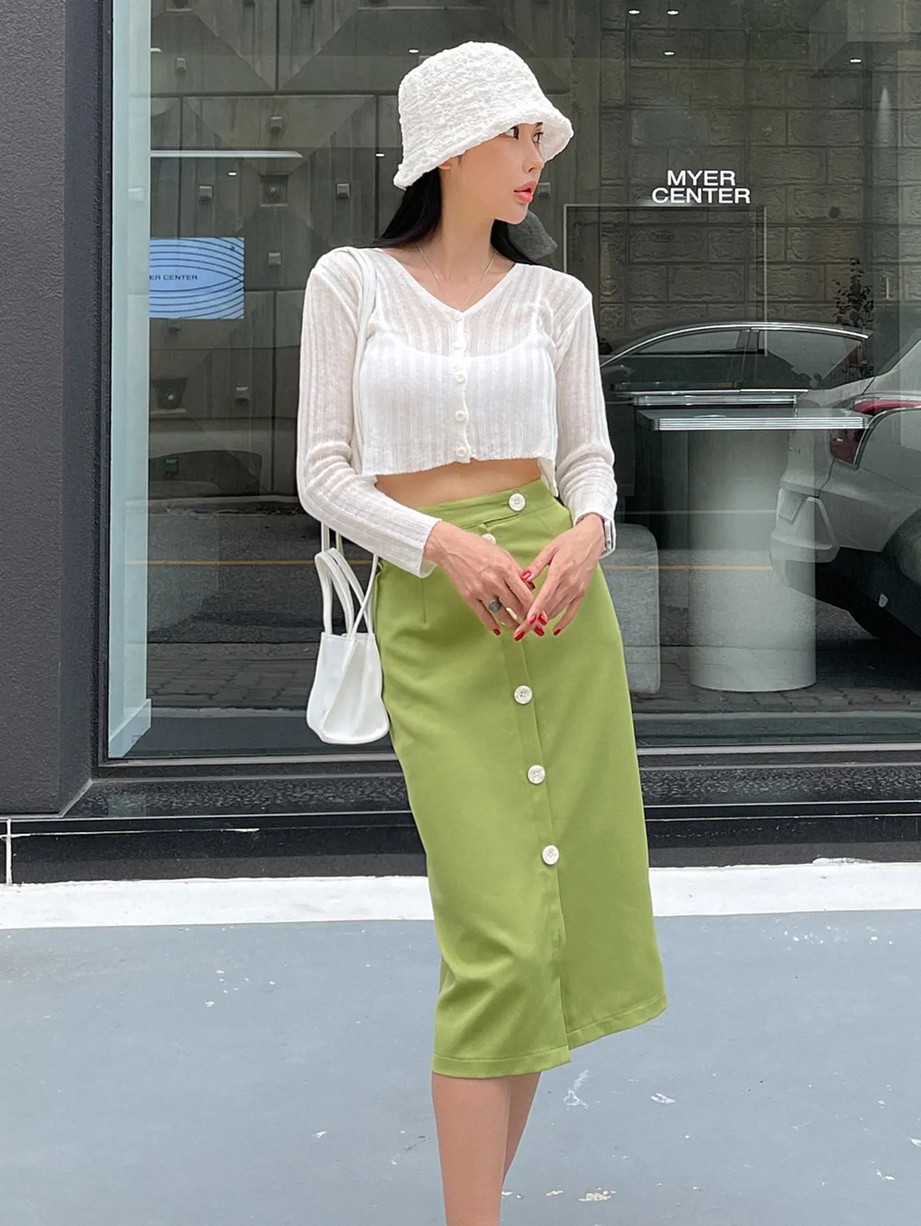 Elegant Plain Button Front High Waist Midi Women Skirt