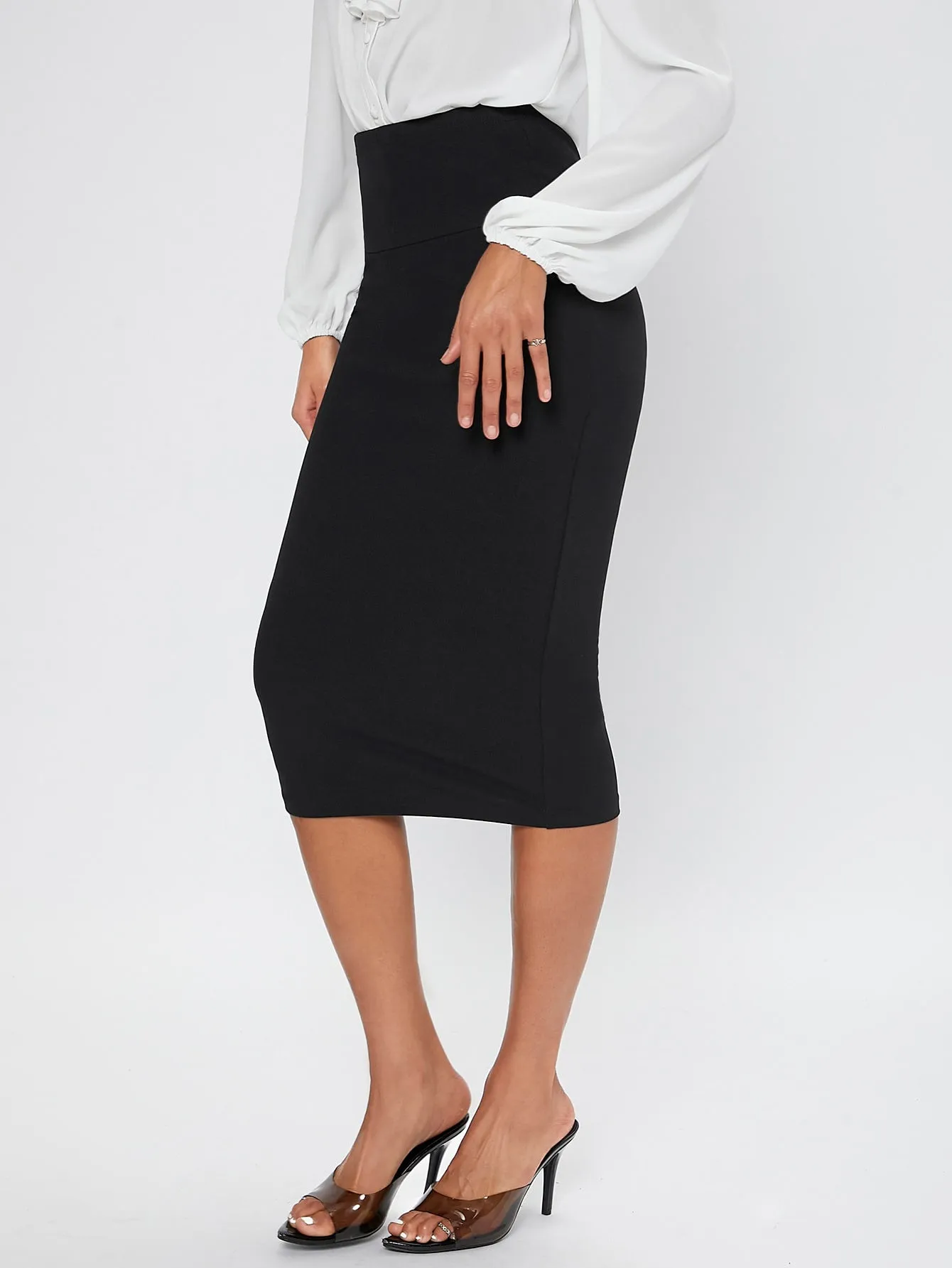 Elegant Plain High Waist Knee Length Women Skirt