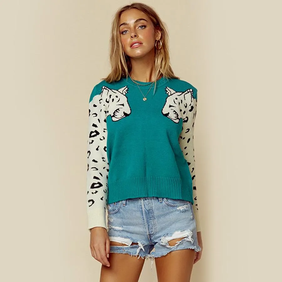 Leopard Pattern Long Sleeve Knitted Pullover Sweater