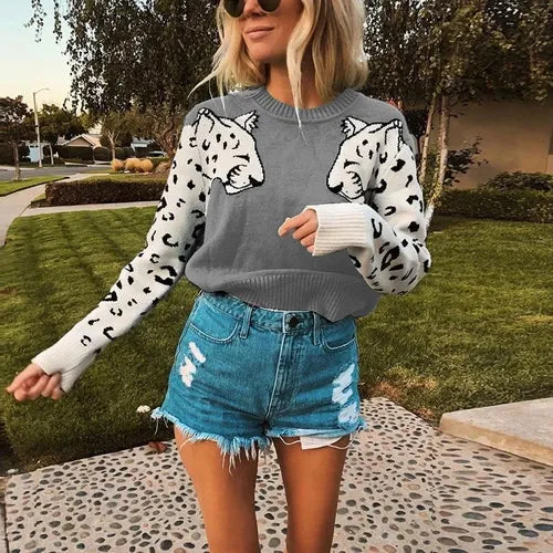 Leopard Pattern Long Sleeve Knitted Pullover Sweater