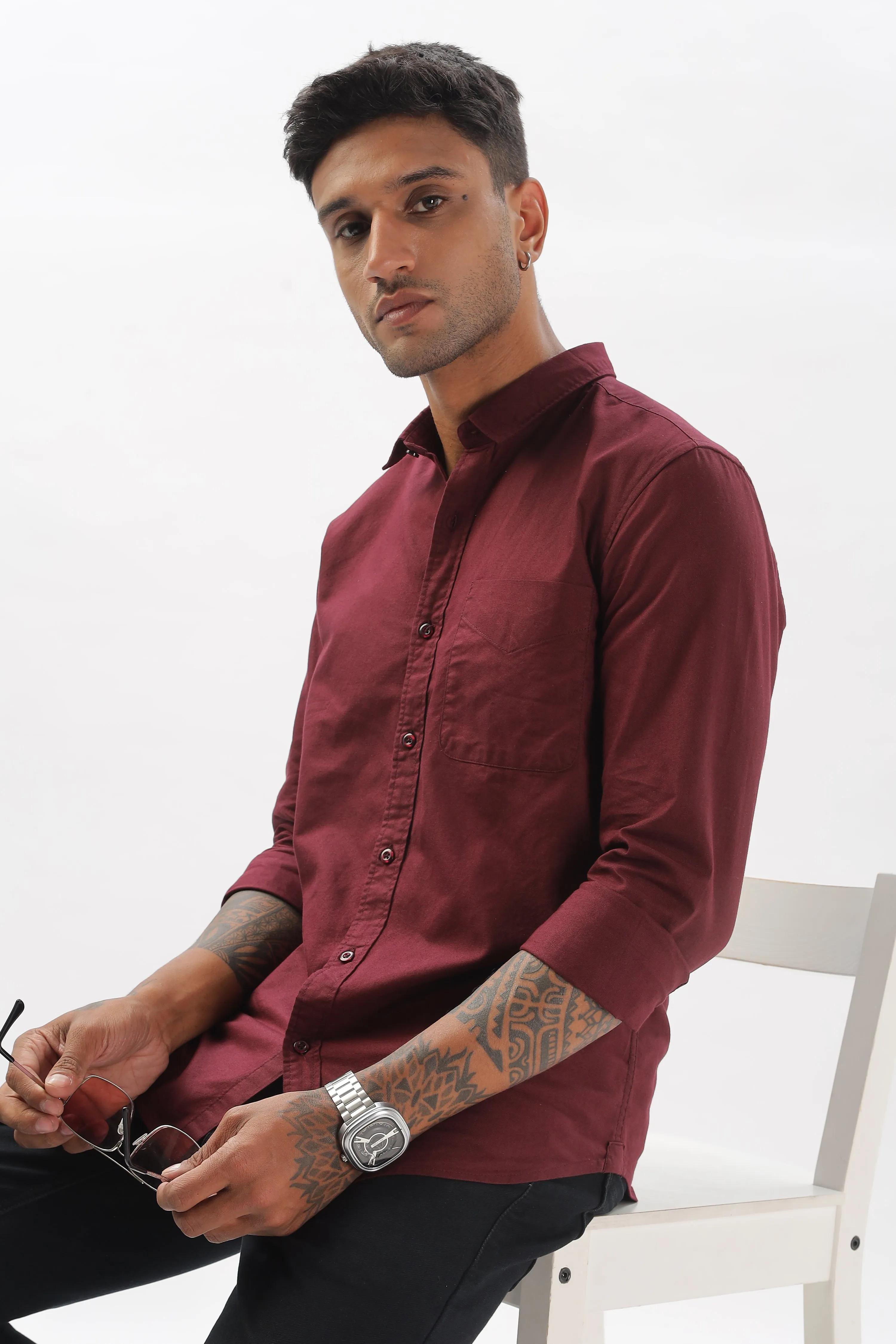 Maroon Regular Fit Plain Full Sleeve Shirt