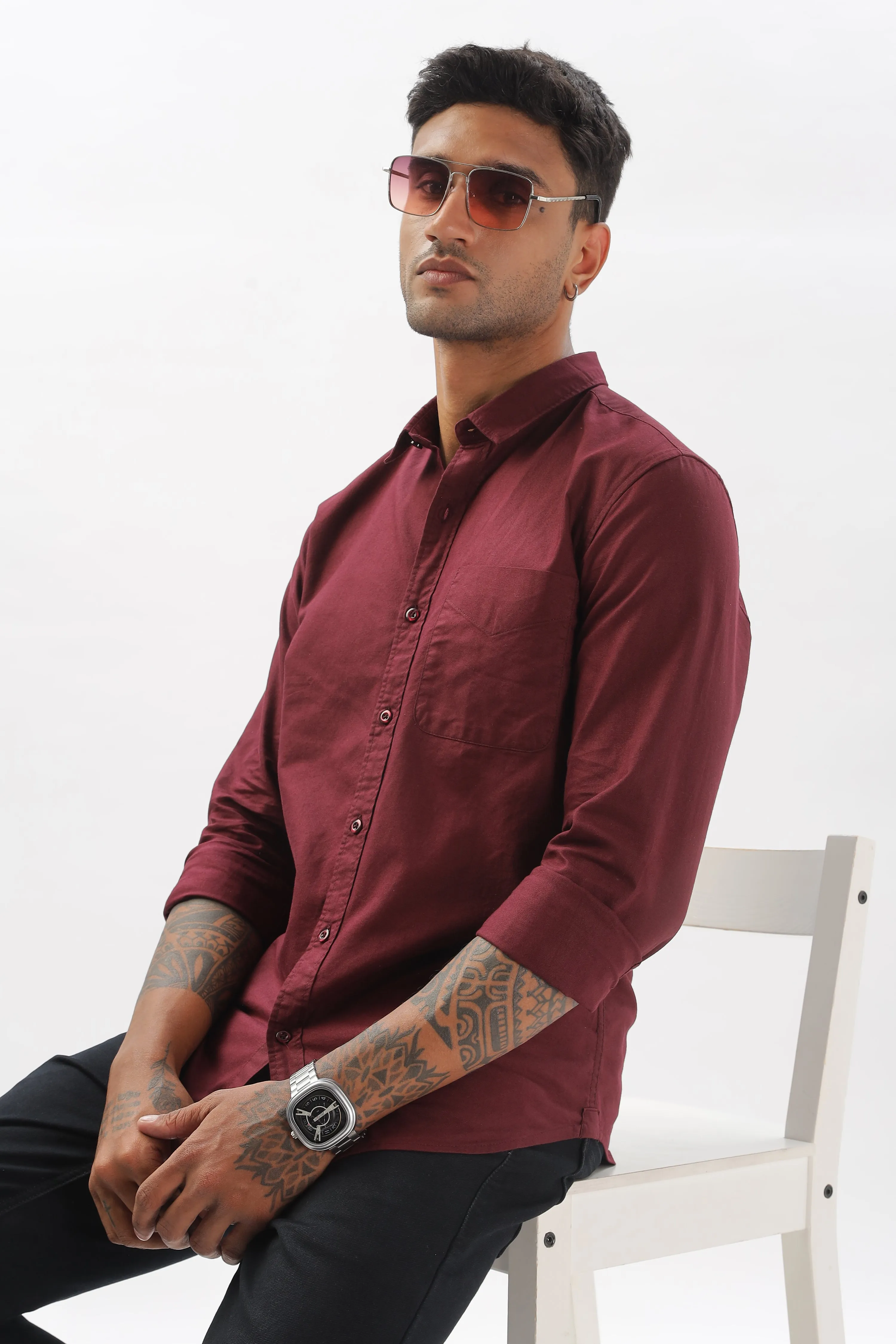 Maroon Regular Fit Plain Full Sleeve Shirt