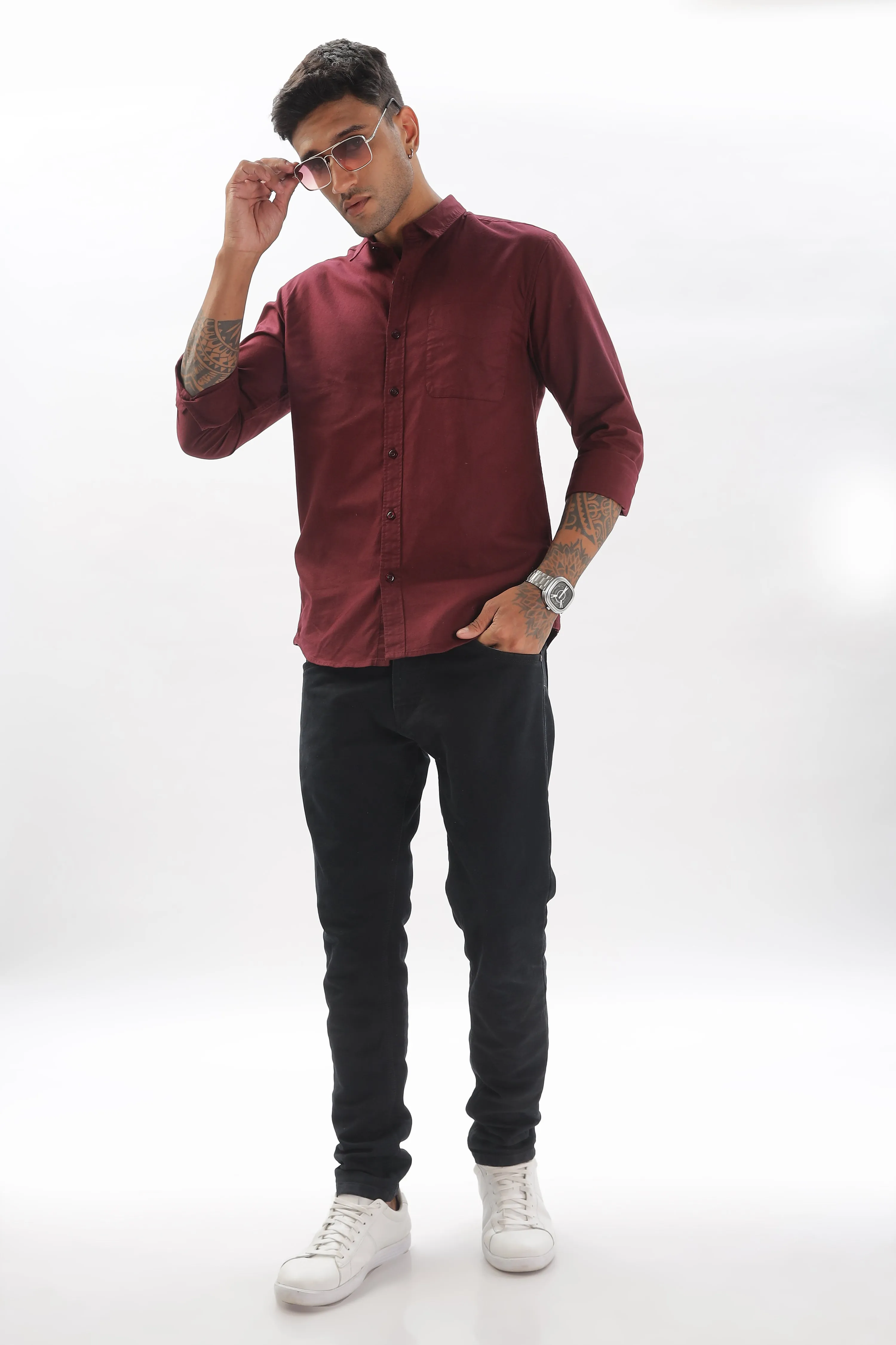 Maroon Regular Fit Plain Full Sleeve Shirt