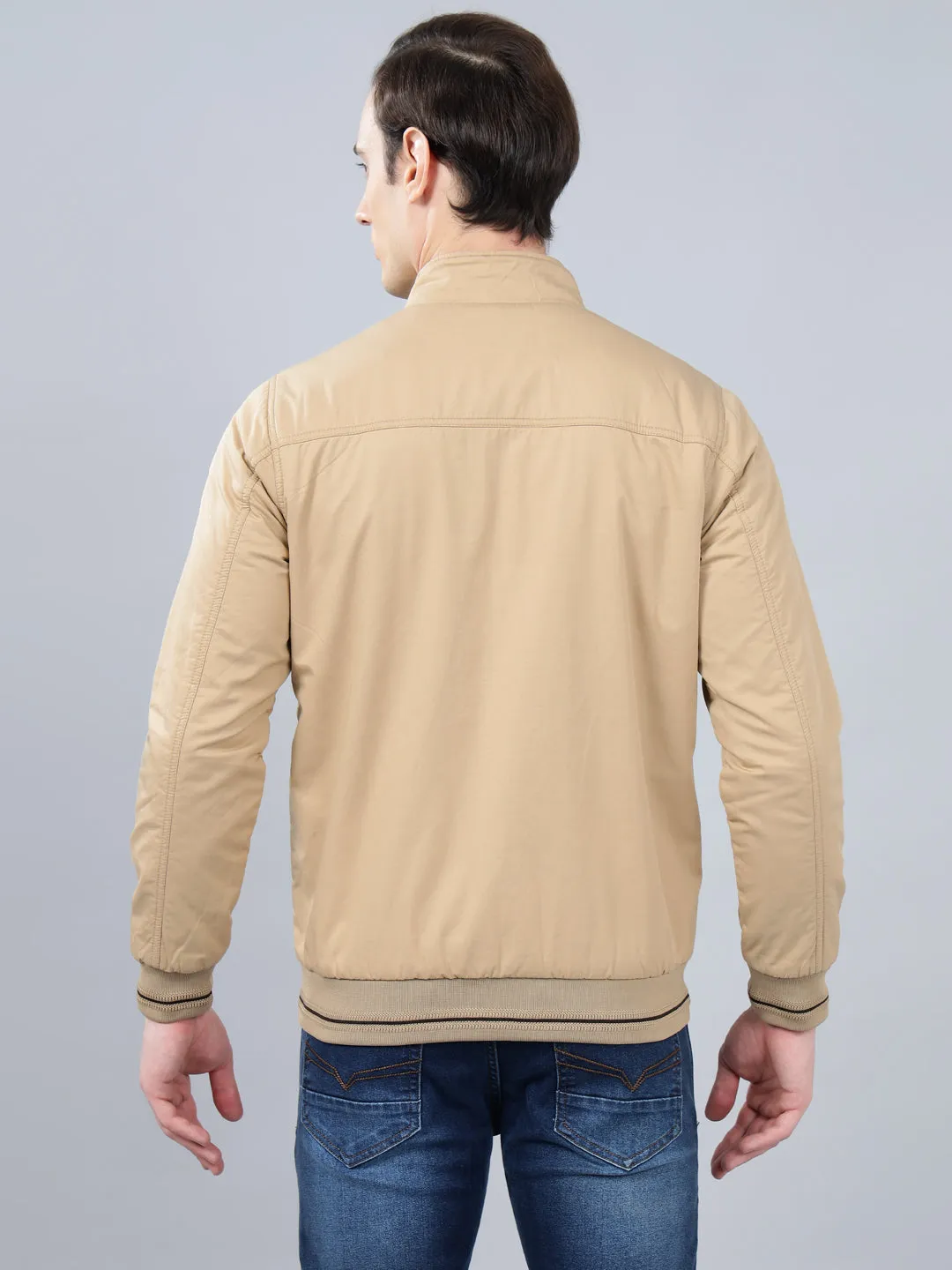 Men's Khaki Solid Mock Neck Reversible Winter Jacket