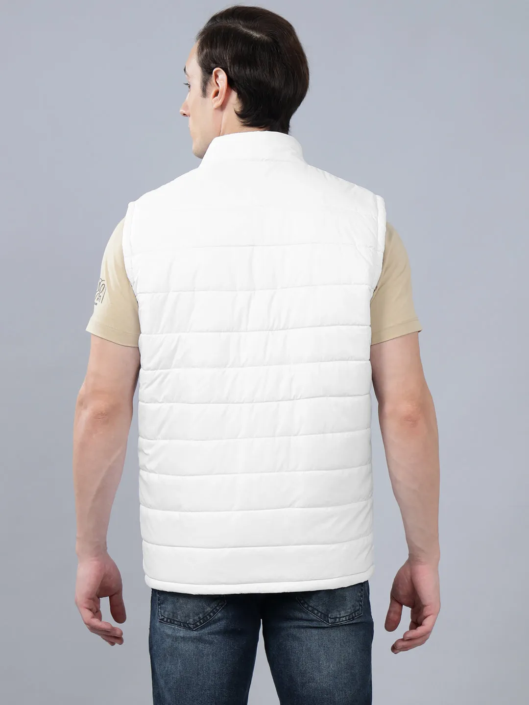 Men's White Solid Stand Collar Reversible Winter Jacket