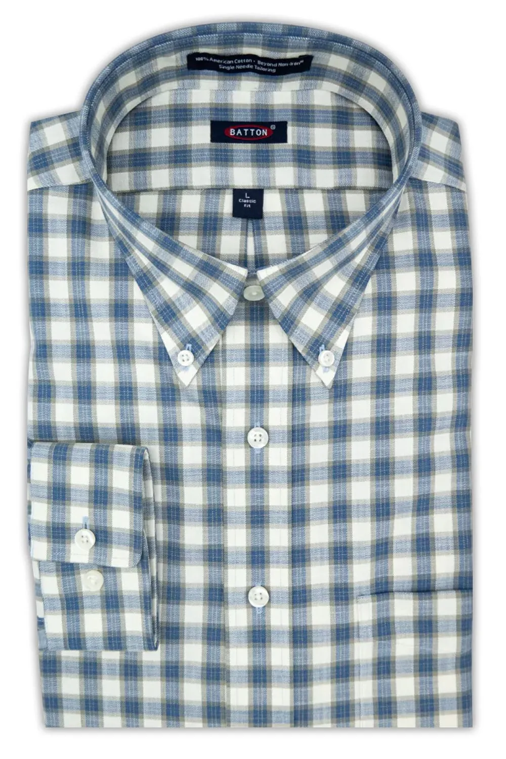 'Noah' Blue and Sage Plaid Long Sleeve Beyond Non-Iron® Cotton Sport Shirt by Batton