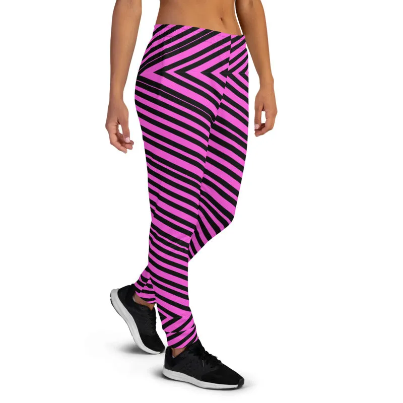 Pink Diagonal Striped Women's Joggers, Modern Stripes Ladies' Sweatpants-Made in EU/MX