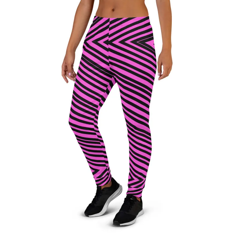 Pink Diagonal Striped Women's Joggers, Modern Stripes Ladies' Sweatpants-Made in EU/MX