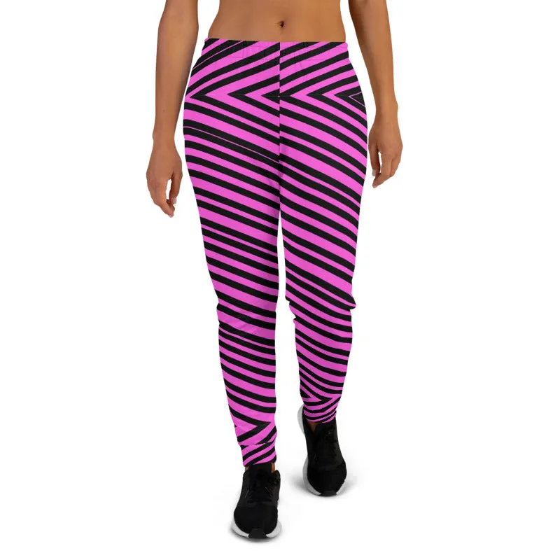 Pink Diagonal Striped Women's Joggers, Modern Stripes Ladies' Sweatpants-Made in EU/MX