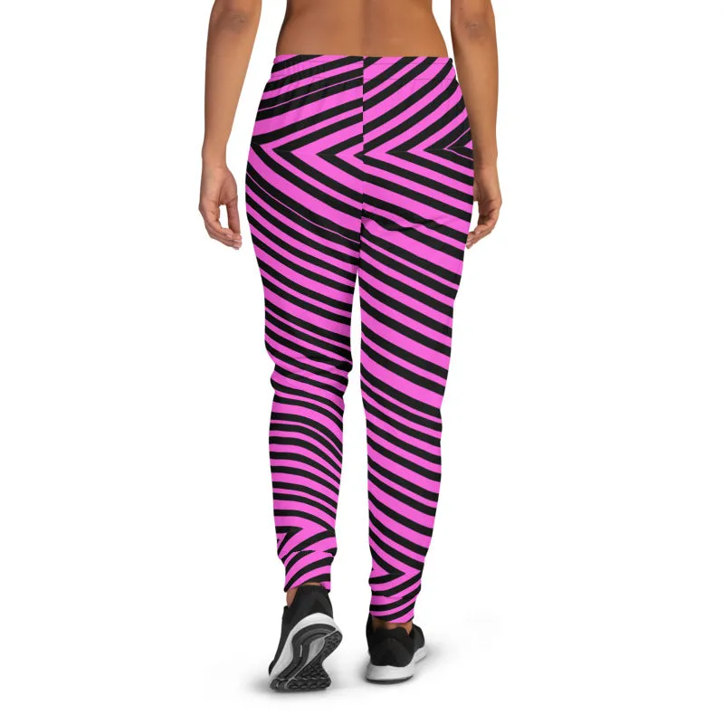 Pink Diagonal Striped Women's Joggers, Modern Stripes Ladies' Sweatpants-Made in EU/MX