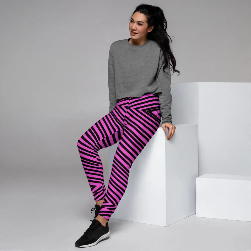 Pink Diagonal Striped Women's Joggers, Modern Stripes Ladies' Sweatpants-Made in EU/MX