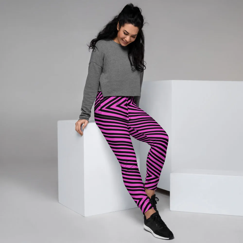 Pink Diagonal Striped Women's Joggers, Modern Stripes Ladies' Sweatpants-Made in EU/MX