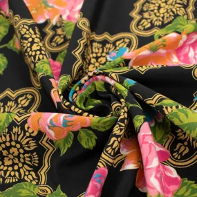 Printed Crepe Design-17 Vintage Chinese Traditional Pink & Orange Flowers on Black