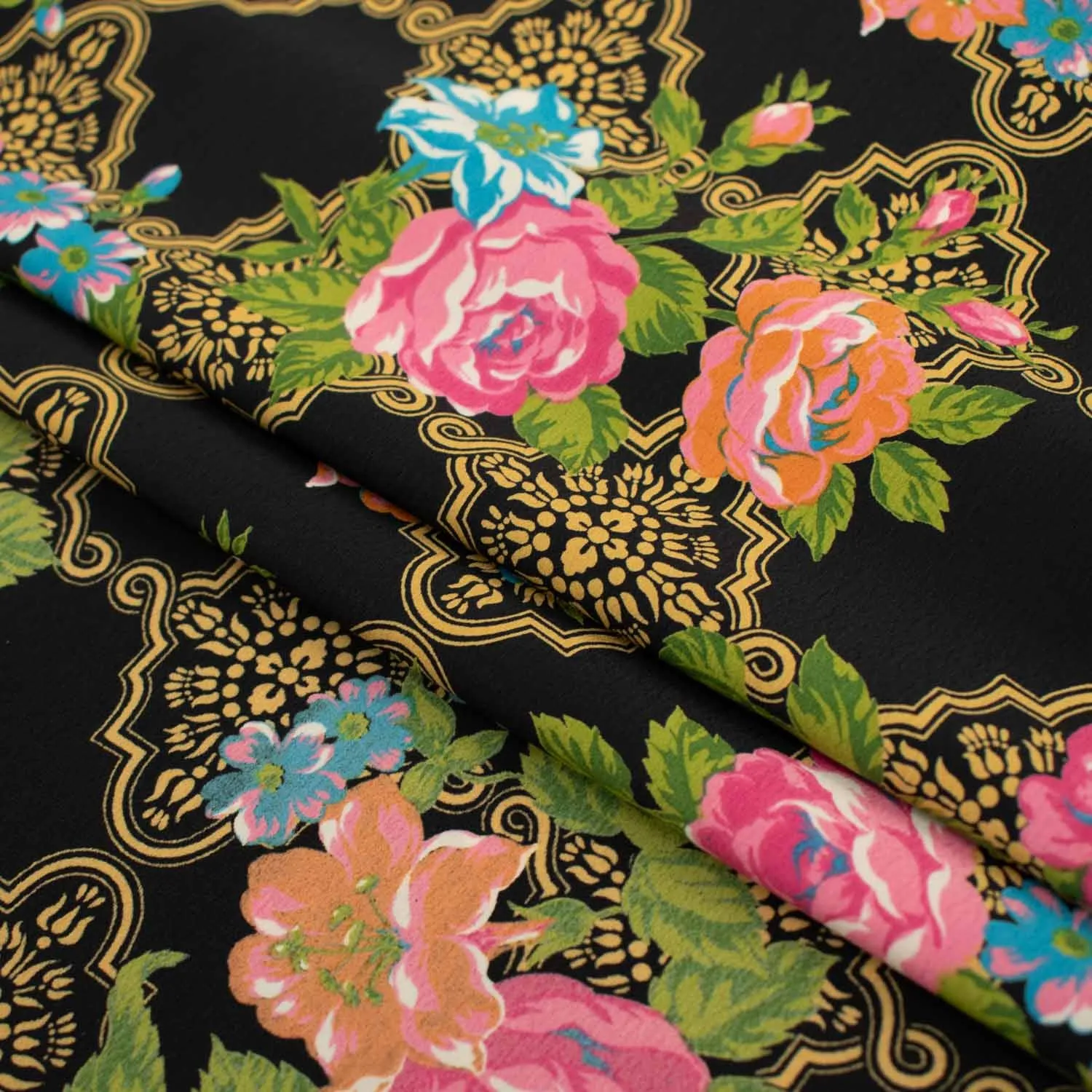 Printed Crepe Design-17 Vintage Chinese Traditional Pink & Orange Flowers on Black