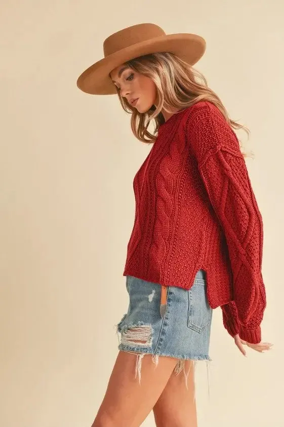 Red Cable Knit Pullover Sweater