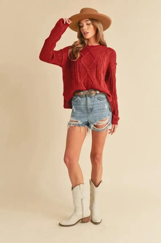 Red Cable Knit Pullover Sweater