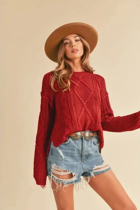 Red Cable Knit Pullover Sweater