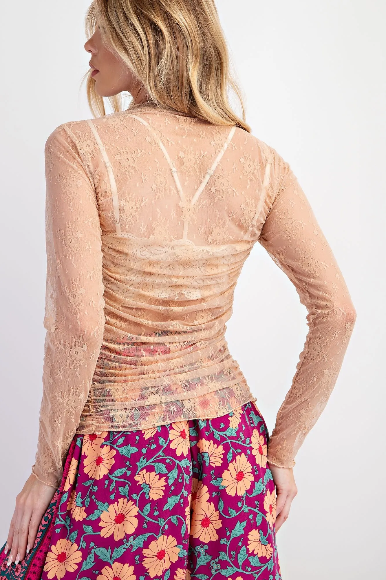 Ruched Sheer Lace Top