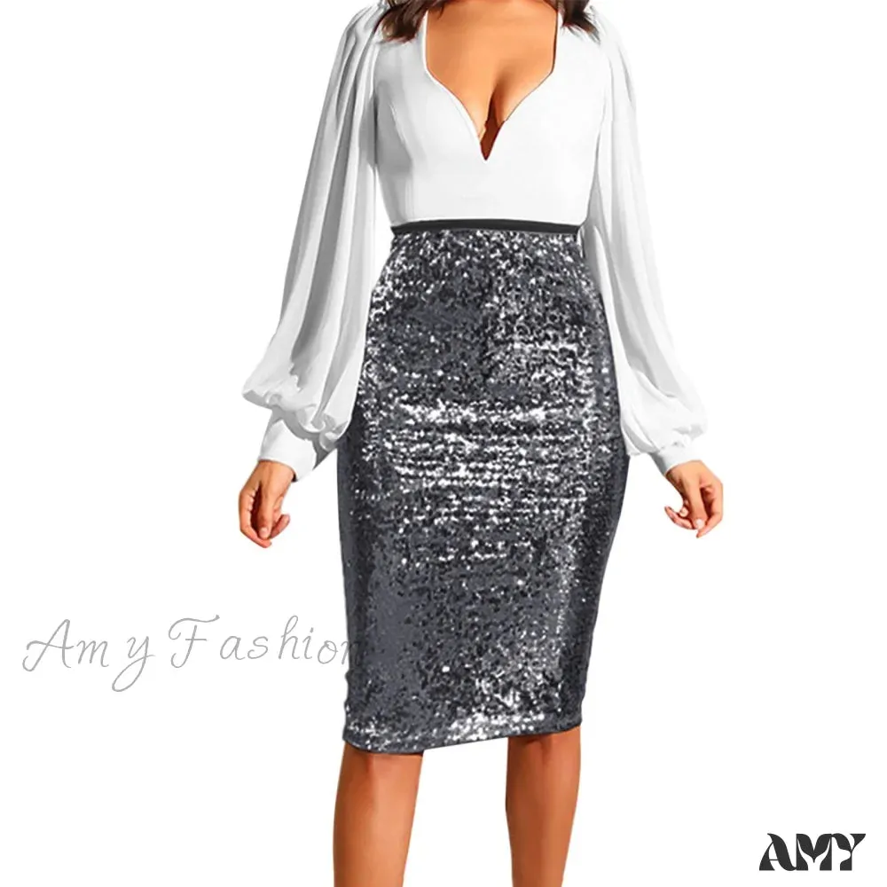 Shiny Sequin High Waist Glitter Gold Silver Stretchy Pencil Skirt