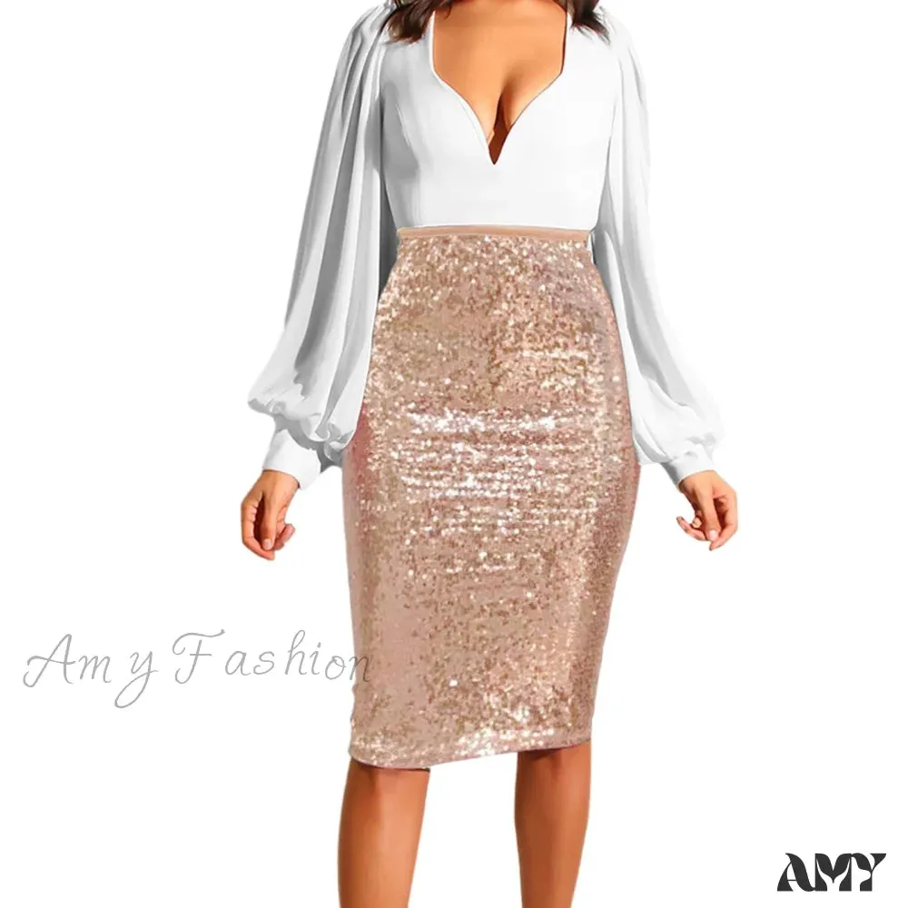 Shiny Sequin High Waist Glitter Gold Silver Stretchy Pencil Skirt