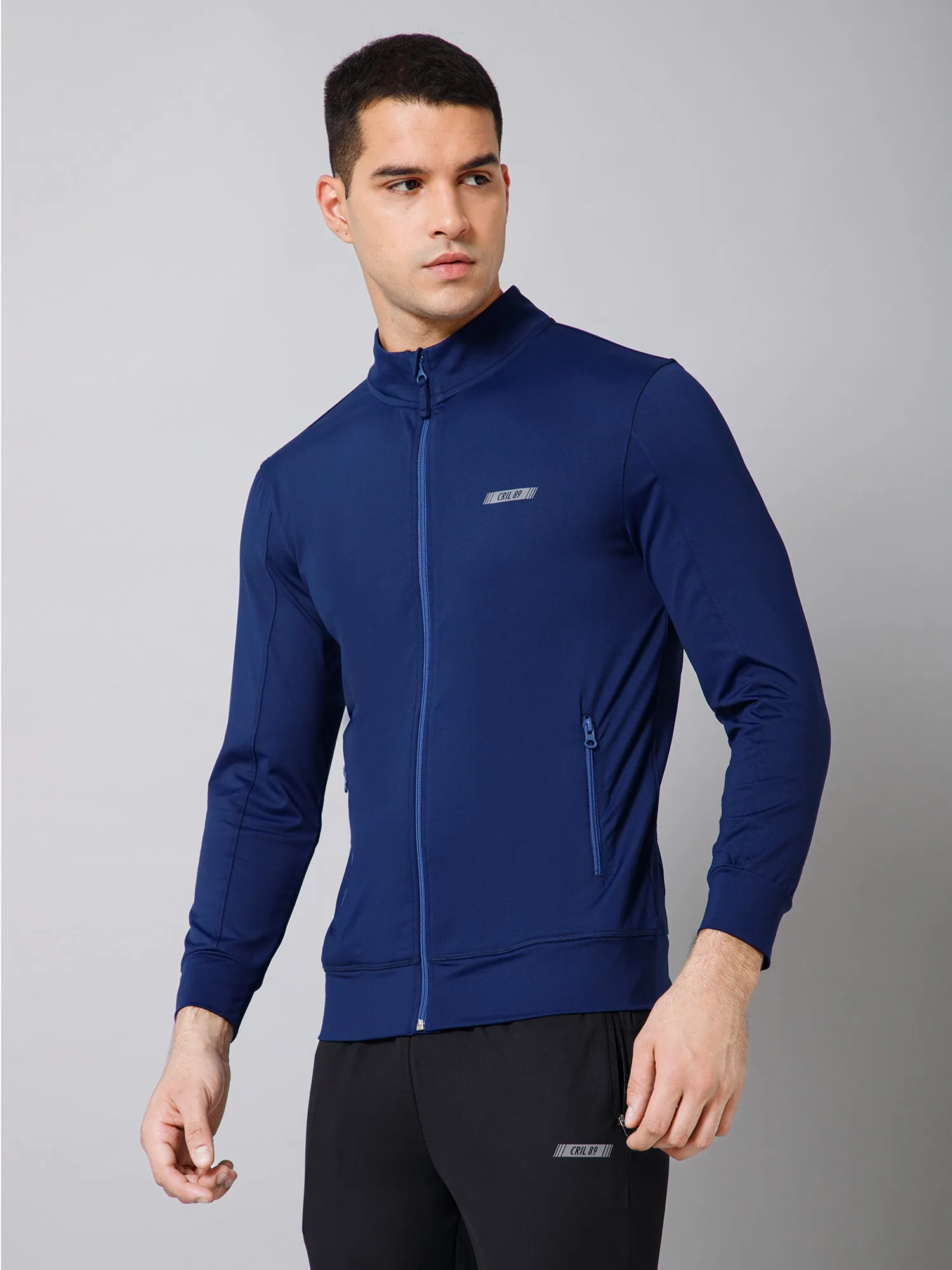 Solid Full Sleeves Mock Collar Regular Fit Full Zipper Front Men Blue Active Wear Jacket