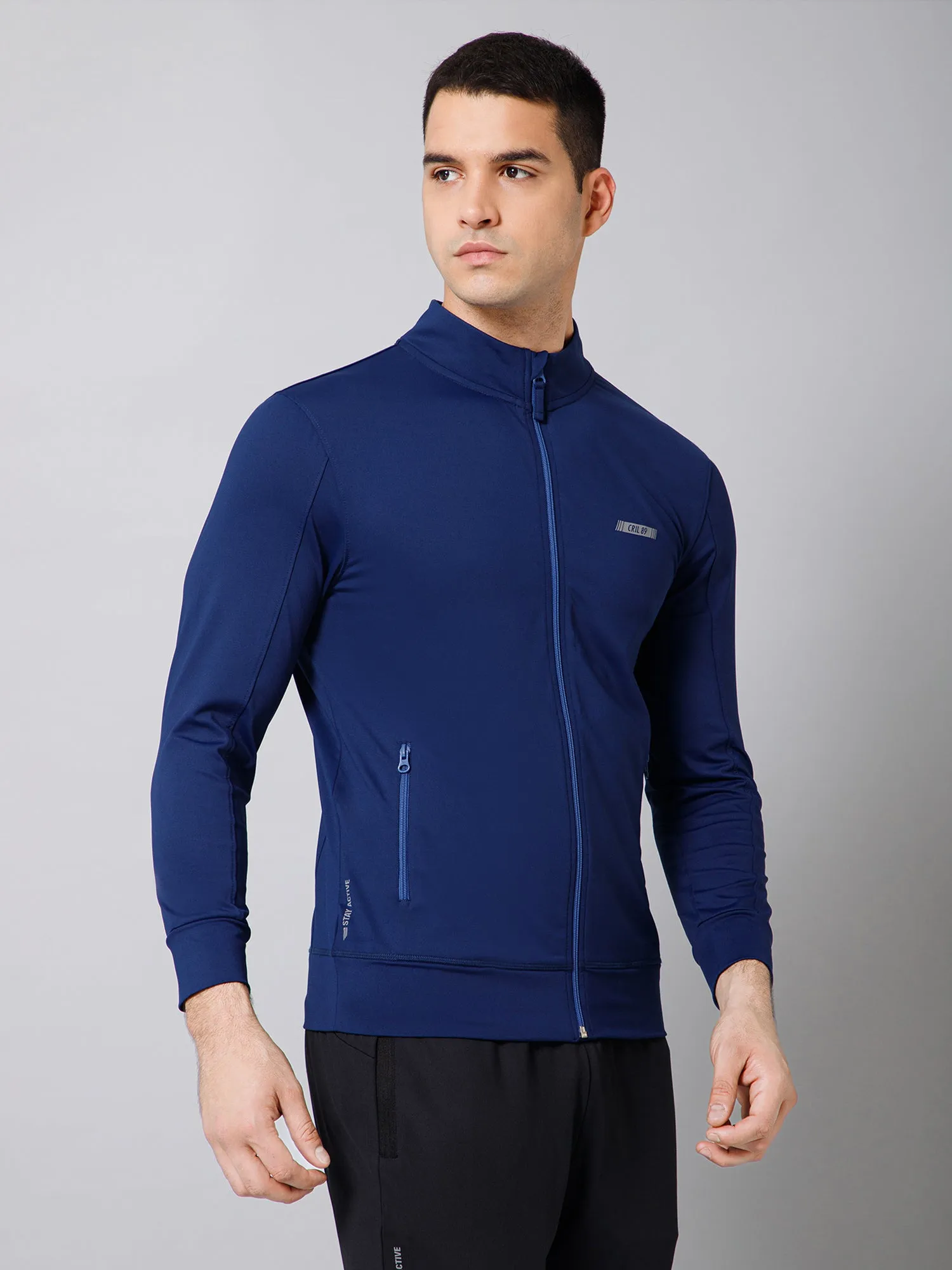 Solid Full Sleeves Mock Collar Regular Fit Full Zipper Front Men Blue Active Wear Jacket