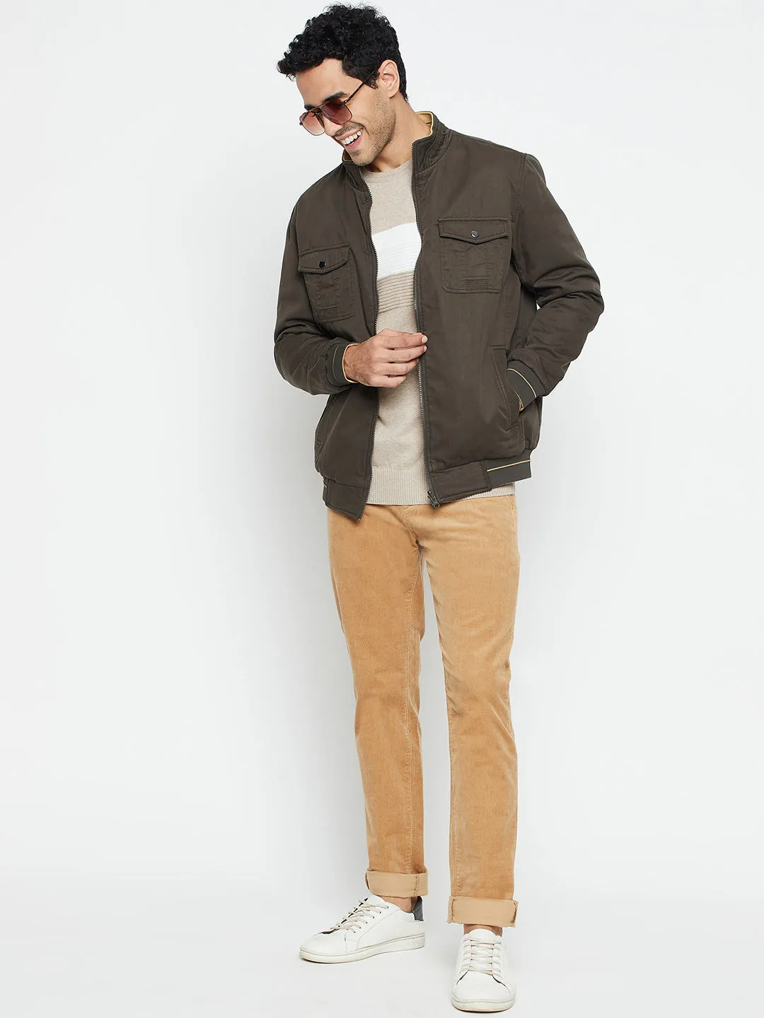 Solid Olive and Khaki Full Sleeves Mock Collar Regular Fit Reversible Casual Jacket for Men